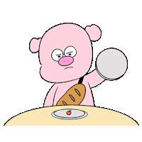 a cartoon pig is sitting at a table with a loaf of bread .