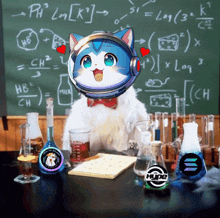 a cat wearing headphones sits in front of a blackboard with equations