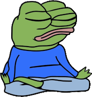 a cartoon frog is sitting in a lotus position with his eyes closed and his tongue out .