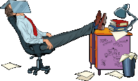 a cartoon drawing of a man sitting in an office chair with his feet up and a laptop on his head