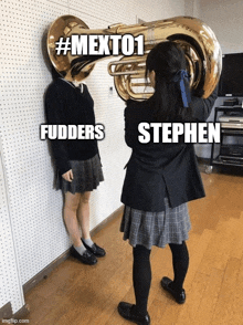 a girl playing a trumpet with the words fudders and stephen