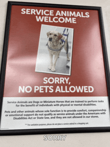 a sign that says service animals welcome with a picture of a dog on it