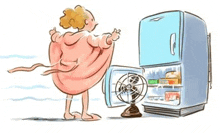 a cartoon of a woman standing next to an open refrigerator with a fan .