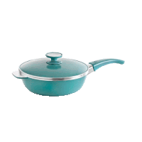 a turquoise frying pan with a glass lid on a white background