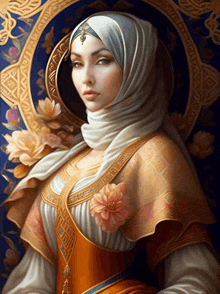 a painting of a woman wearing a hijab with flowers on her breast