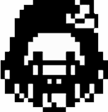 a black and white pixel art drawing of a person 's head with a hat on .