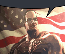 a man wearing sunglasses stands in front of an american flag with a speech bubble above him