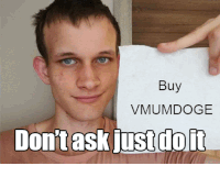 a man is holding up a sign that says buy vmumdoge