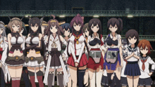 a group of anime girls standing next to each other with one of them wearing a red skirt that says a on it