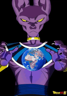 a purple cartoon character from dragon ball holding a globe in his hands