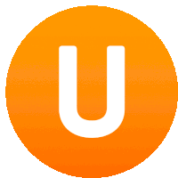 an orange circle with a white letter u in it