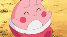 a pink cartoon character is sitting on the ground with its eyes closed and smiling .