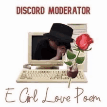 a man in a hat is holding a rose in front of a computer keyboard .