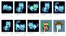 a collection of pixel art cats and a man in a hat