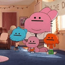 a group of cartoon characters from the amazing world of gumball are standing next to each other in a living room .