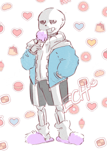 a drawing of a skeleton holding an ice cream cone with hearts and donuts around him