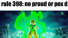 a person is standing in front of a green background with the words rule 398 : no proud or pox d on it .