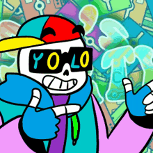 a cartoon drawing of a skeleton wearing sunglasses that say " yo lo "