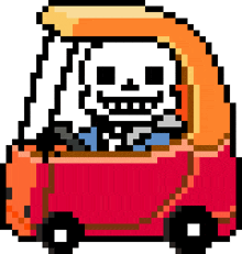 a pixel art drawing of a skeleton in a red car