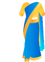 a blue and yellow saree with a yellow blouse on a white background