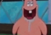 patrick star from spongebob squarepants is laughing with his mouth wide open and his teeth showing .