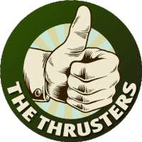 a green circle with a hand giving a thumbs up and the words the thrusters