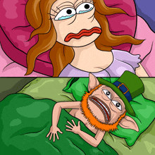 a cartoon of a woman crying next to a leprechaun in a bed