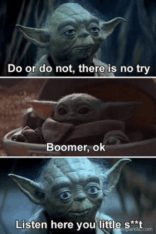 a picture of a baby yoda with the caption do or do not there is no try boomer ok listen here you little s***