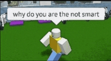 a roblox character is running on a grassy field with a speech bubble that says `` why do you are the not smart ''