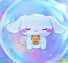 cinnamoroll is sitting in a bubble holding a teddy bear and sleeping .