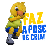 a yellow mascot is kneeling down in front of a sign that says faz a pose de criai