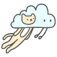 a cartoon drawing of a cat flying through the air with a cloud on its head