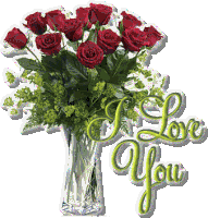 a bouquet of red roses in a vase with the words " i love you " above it