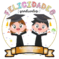 a cartoon illustration of a boy and a girl in graduation caps and gowns with the words felicidades graduados written above them