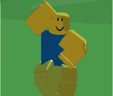 a roblox character with a blue shirt and yellow arms stands on a rock