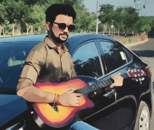 a man playing a guitar in front of a car with a sign that says fuel