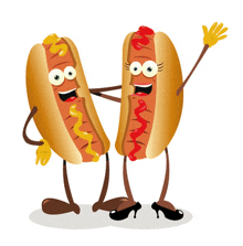 two hot dogs with mustard and ketchup on them are standing next to each other