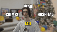 a man wearing a white shirt with the words dead crimes hospital and jail