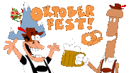 a cartoon drawing of a man holding a beer mug and the words oktober fest