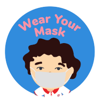 a sticker that says wear your mask with a boy wearing a face mask