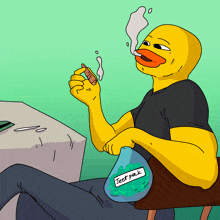 a cartoon of a duck smoking a cigar and holding a bag of jeet pack