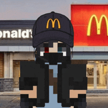 a person wearing a mcdonald 's hat is standing in front of a mcdonald 's restaurant