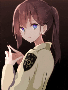 a girl with purple eyes and a sheriff badge