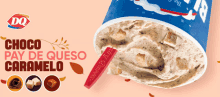 a cup of choco pay de queso caramelo ice cream with a red spoon