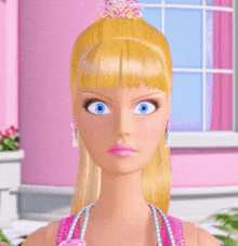 a barbie doll with blonde hair and blue eyes is wearing a pink dress