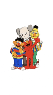 sesame street characters elmo ernie and kaws standing next to each other on a white background