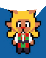 a pixel art drawing of a cartoon character with a speech bubble above his head .