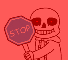 a skeleton is holding a stop sign with red eyes