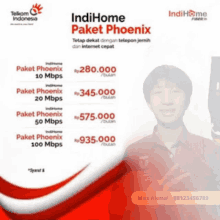 a flyer for indihome paket phoenix with a man in a red shirt