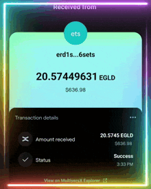 a screenshot of a transaction that was received from erd1s ... 6sets